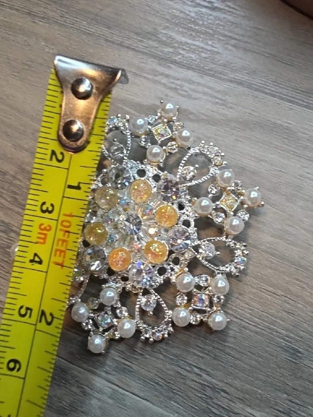 Gold and Pearl Statement Brooch with Iridescent Crystals